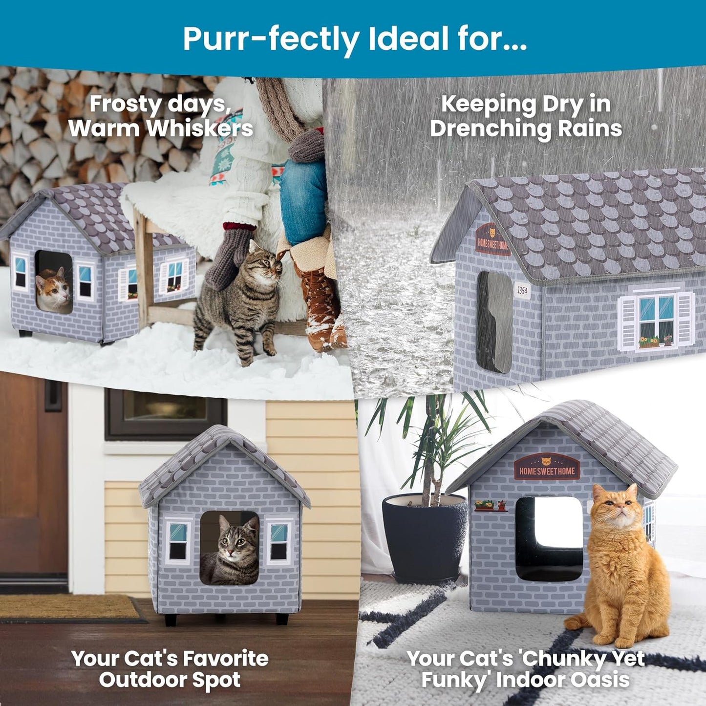 Deluxe Heated Cat House for Winter - Weatherproof, Insulated, Easy Assembly, Cat Heating Pad, Dual Escape Doors, Outdoor & Indoor Cat House - Brick Pethouse