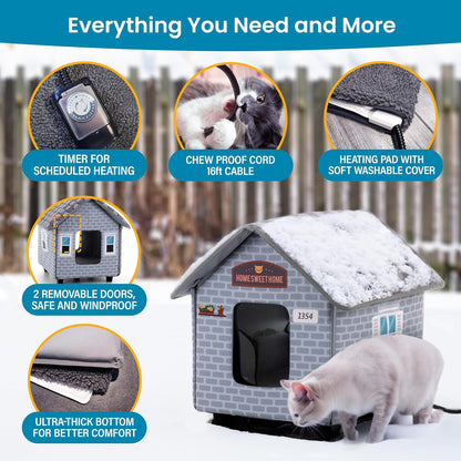 Deluxe Heated Cat House for Winter - Weatherproof, Insulated, Easy Assembly, Cat Heating Pad, Dual Escape Doors, Outdoor & Indoor Cat House - Brick Pethouse