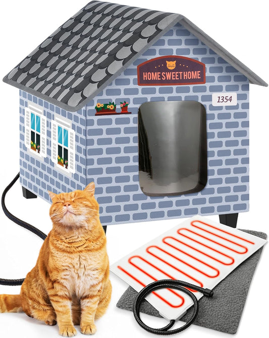 Deluxe Heated Cat House for Winter - Weatherproof, Insulated, Easy Assembly, Cat Heating Pad, Dual Escape Doors, Outdoor & Indoor Cat House - Brick Pethouse